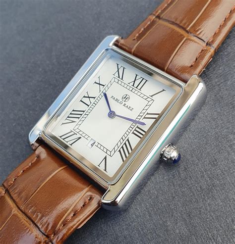men classic  square rectangular brown leather strap roman numeral
