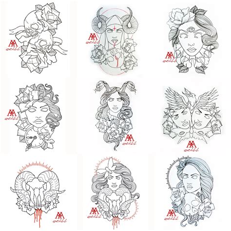 tattoo outlines 9 pcs pack part 1 free download by MWeiss-Art on DeviantArt