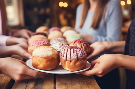 Premium Photo | Close up on friends eating donuts