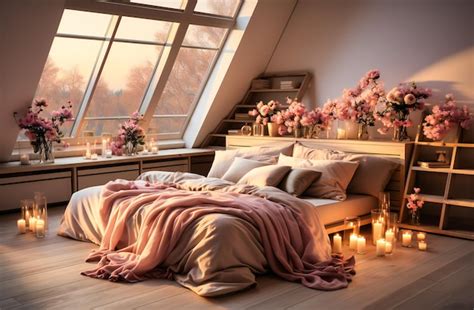 Premium AI Image | a white bedroom with pink flowers on bed