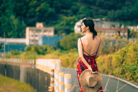 4K, Asian, Brunette girl, Back view, Human back, Dress, Hat, Bokeh, HD