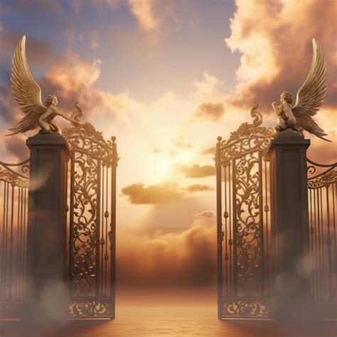 Gates of heaven with clouds and sun setting created using generative ai ...