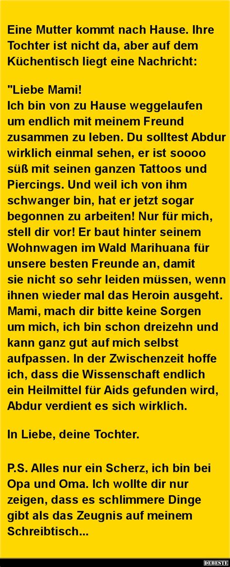 Eine Mutter kommt nach Hause. Ihre Tochter ist nicht da, aber auf dem ...
