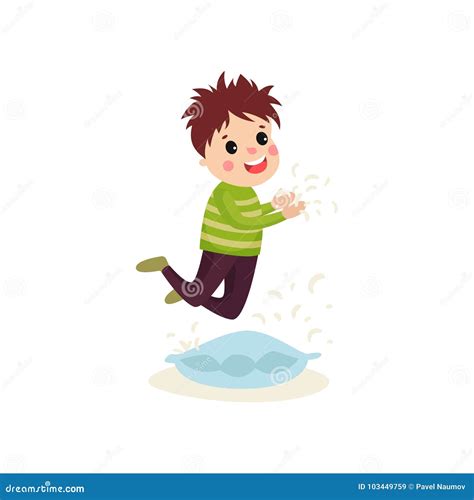 Little Naughty Kid Boy Jumping on the Pillow, Feathers Flying Around