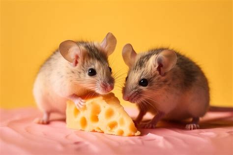 Premium AI Image | Two mice eating cheese on a pink background