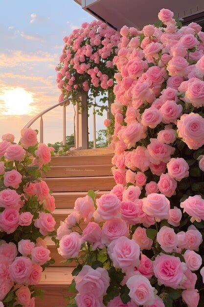 premium photo   pink roses growing   steps   building