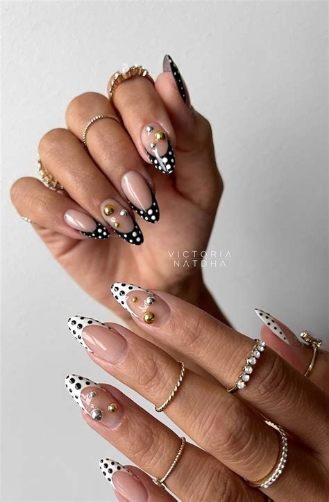 almond black  white polka dot french tip nails autumn nail designs