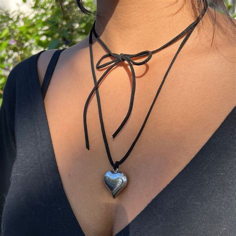 Puffed Heart String Necklace/ Wrap Around Heart Necklace/ Long Black ...