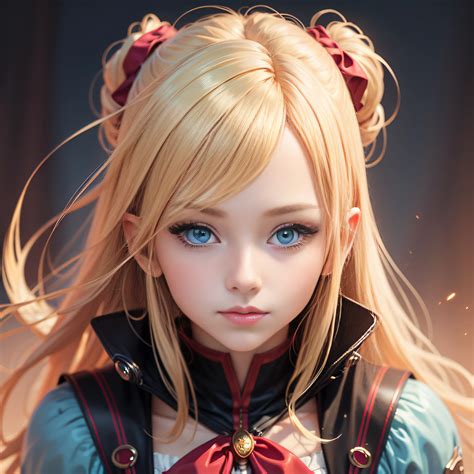 blonde girl  blue eyes  red ribbon  hair kawaii realistic