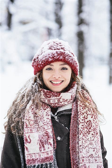 "Portrait Of Beautiful Woman Smiling At The Camera, In Winter" by