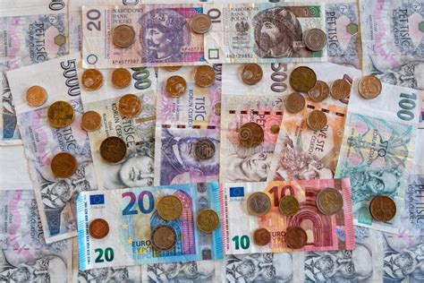 Coins and Banknote, Euro and Crown Side by Side, CZK EURO EUR Stock ...
