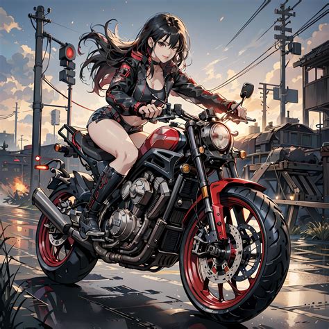 (Best Quality,4K,High resolution)、Anime girl riding motorcycle on