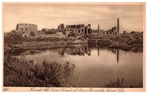 great temple  amun    sacred lake karnak egypt postcard