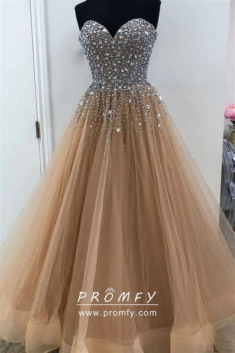 Beaded Strapless Sweetheart Nude Tulle Prom Dress - Promfy