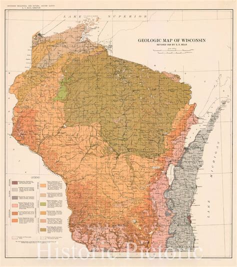 Map : Wisconsin 1928, Geologic map of Wisconsin, Antique Vintage Repro