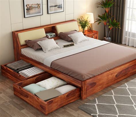 buy walken sheesham wood bed  full drawer storage king size honey