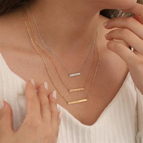 gold personalized bar necklace engraved  date icon plate