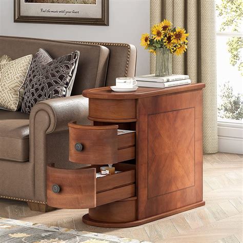 Solid Wood Chairside End Table, Two-Drawer Narrow Side Table Slim Brown ...