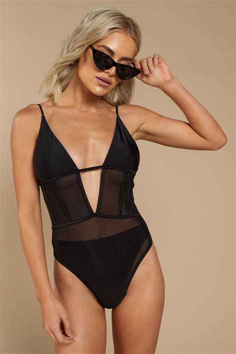 Black One Piece - Mesh Swimsuit - Black Deep Plunge One Piece