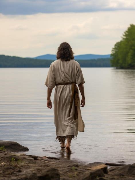 Premium Photo | A woman walks into a lake with a man walking in the water