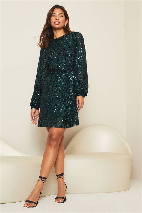 Buy Lipsy Forest Green Petite Sequin Long Sleeve Shift Dress from Next ...