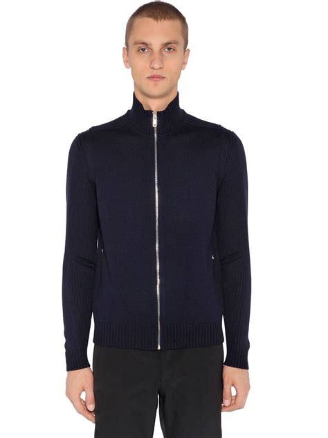 Prada Zip-up Wool Knit Cardigan in Blue for Men - Lyst