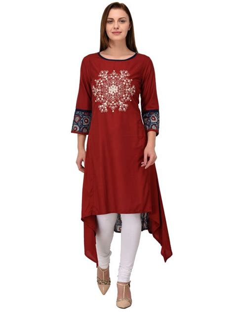 maroon reyon printed embroidered kurti designs  affordable price