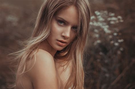 women, blonde, face, women outdoors, long hair, implied nude, depth of ...