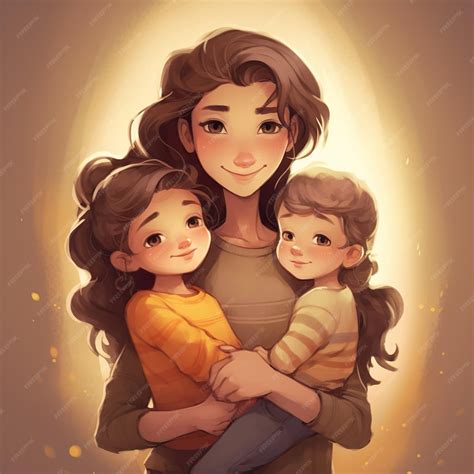Mae De Dois Desenho - Um desenho animado de uma mãe segurando seus dois filhos | Foto Premium