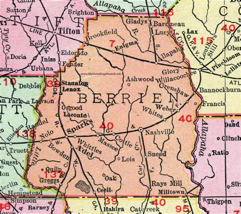 Berrien County, Georgia, 1911, Map, Rand McNally, Nashville, Alapaha ...