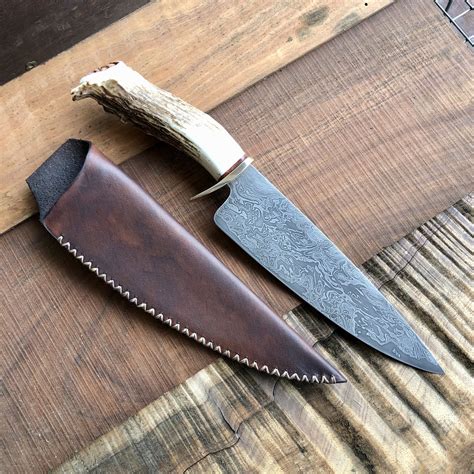 Damascus Fighting Knife With Carved Antler Handle — Peter Burt Knives