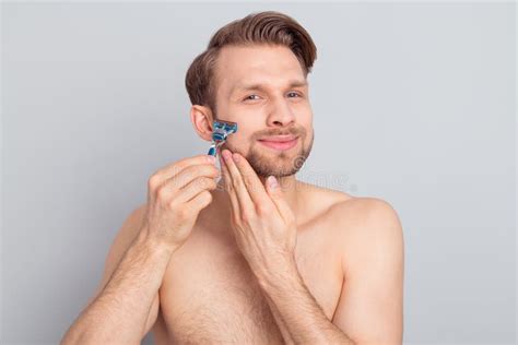 Photo of Positive Attractive Young Gentleman Wear Nothing Shaving Cheeks Cheekbones Smiling ...