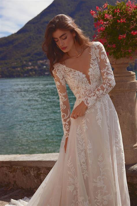 Isley: Beaded A-Line Gown with V-Neckline and Chapel Length Train