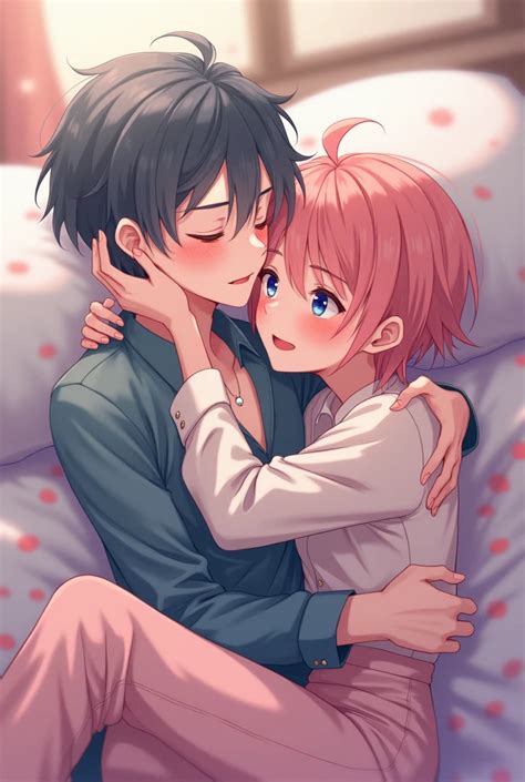 Two cute anime femboys cuddling - SeaArt AI