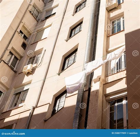 Madrid Spain October 5, 2022: Clothes Hanging on the Facade of a Block