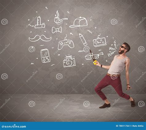 Funny Hipster Guy Shouting Drawn Items Stock Photo - Image of mustache ...