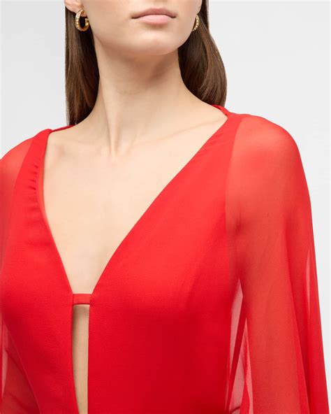 KOLTSON Plunging Chiffon-Cape Slit-Front Crepe Evening Gown | Neiman Marcus