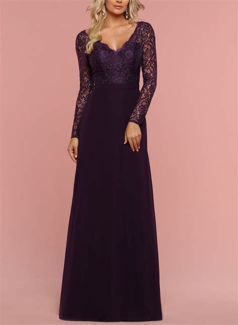 V-Neck Lace Long Sleeves A-Line Bridesmaid Dresses - Missacc
