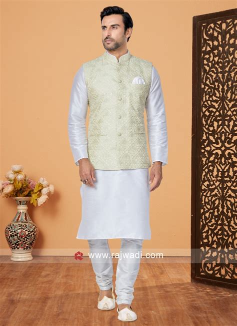 Embroidered Light Pista Green Nehru Kurta Set