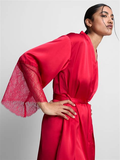 Women's Red Lace Trim Satin Robe | Penneys