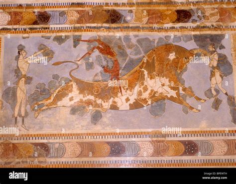 bull leaping fresco court   stone spout palace  knossos
