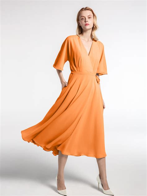 V-neck Half Sleeves Tea Length Chiffon Dress-Orange – BABARONI