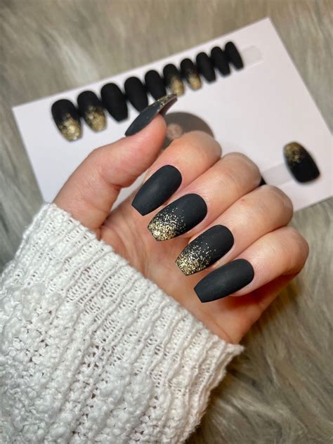 Black Matte Nails with Gold Glitter Tips | Short Coffin | Etsy in 2022 ...