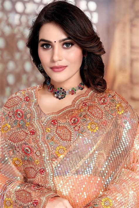 stylish peach colored designer silk saree bollywood saree latest
