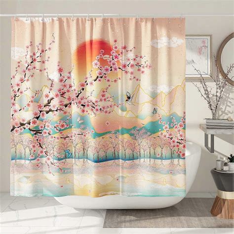 Japanese Shower Curtain Asian Art Mountain Shower Curtain Anime Cherry