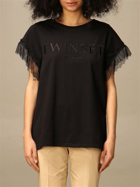 TWINSET: Twin-set T-shirt with logo and lace sleeves - Black | Twinset ...