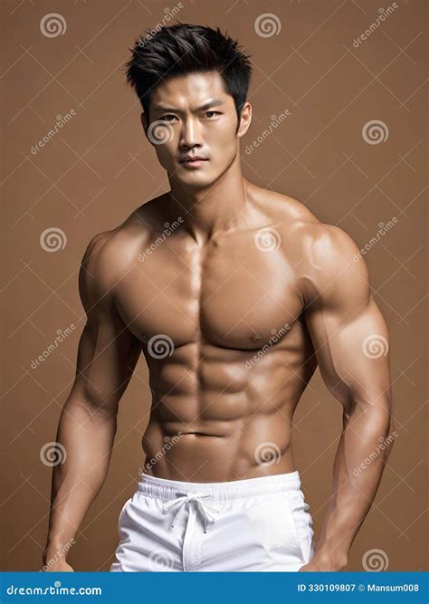 Handsome Asian Man in White Bodybuilder Showing Abs Stock Illustration
