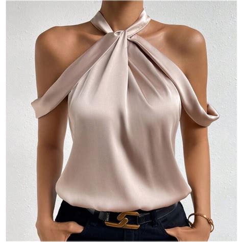 038 Luxe Cold Shoulder Keyhole Back Satin Top | Fashion, Blouse tank ...