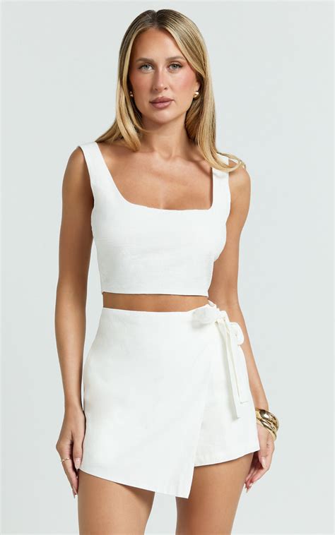 polina  piece set linen square neck crop top  tie waist skort