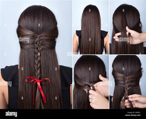 Frisur für lange Haare. Einfacher Zopf Frisur mit roter Schleife für